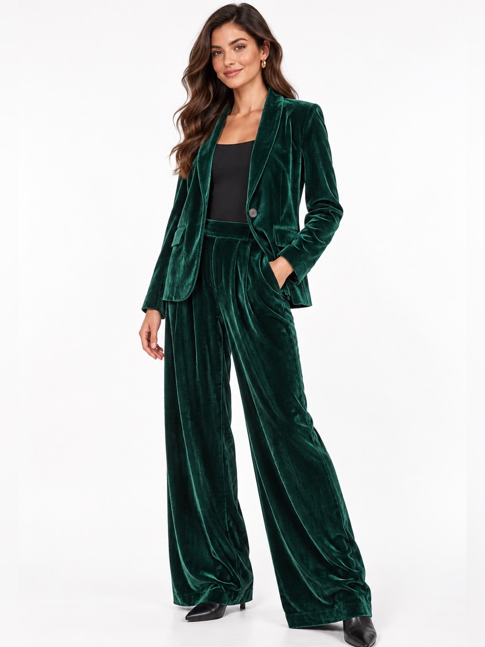 Lulu Green Velvet Jacket & Wide-Leg Pants Set | Holiday Chic | S/M